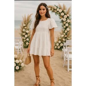 Pretty Little Thing White Babydoll Mini Dress, Tiered, Eyelet, Petal Sleeve, Sm